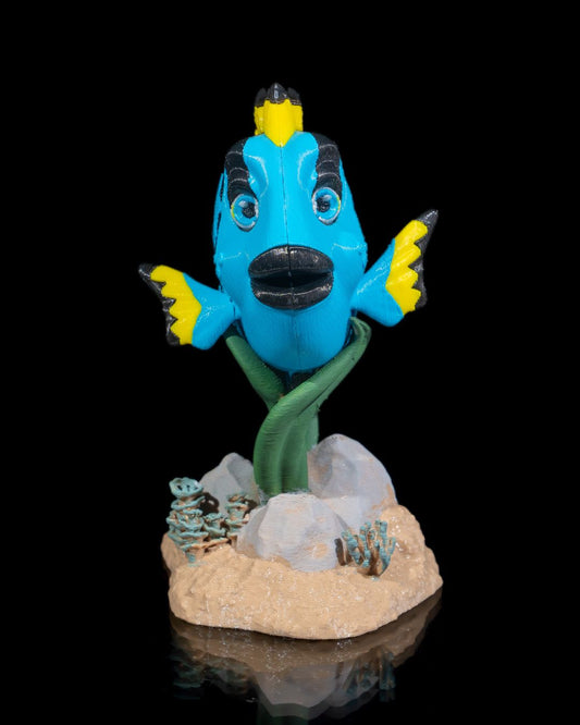 Flexi Dolores, The blue Tang fish fidget toy with stand