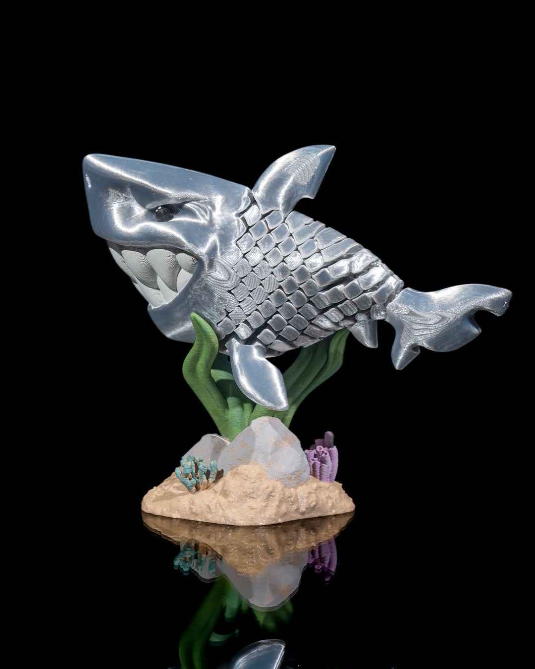 Flexi Travis, The great white shark fidget toy with stand - Myth & Motion by The Braysdown Workshop